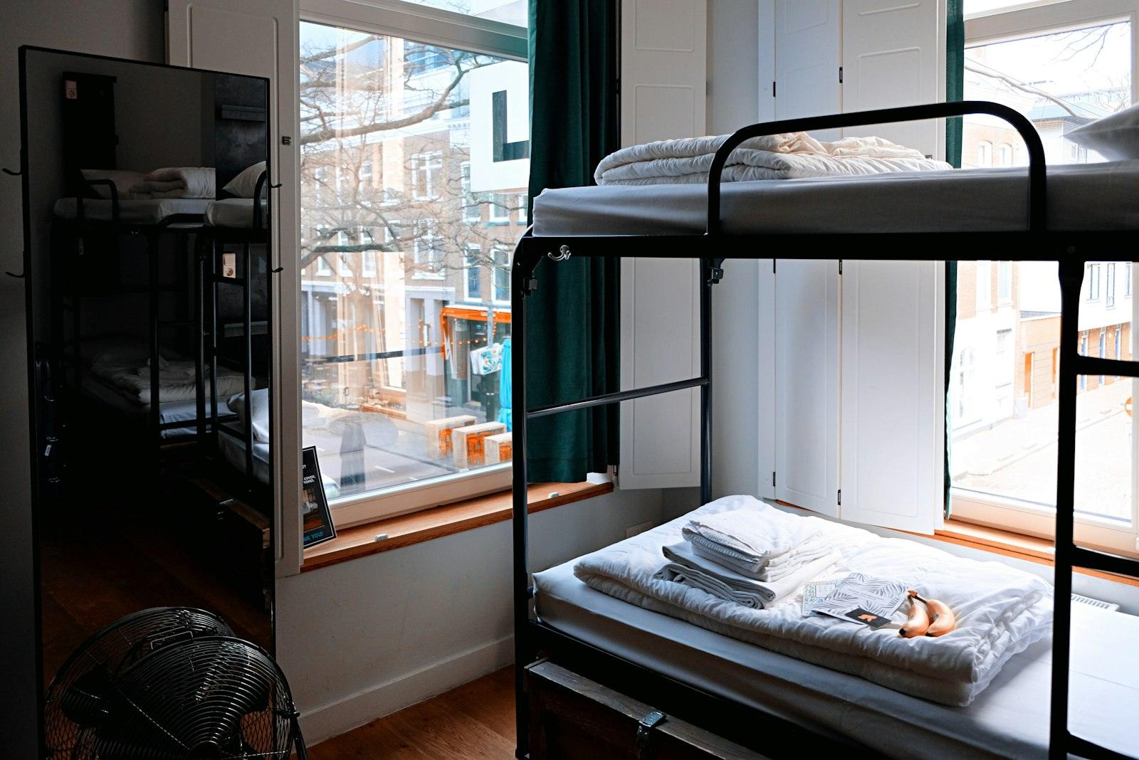Shared hostel room with bunk beds